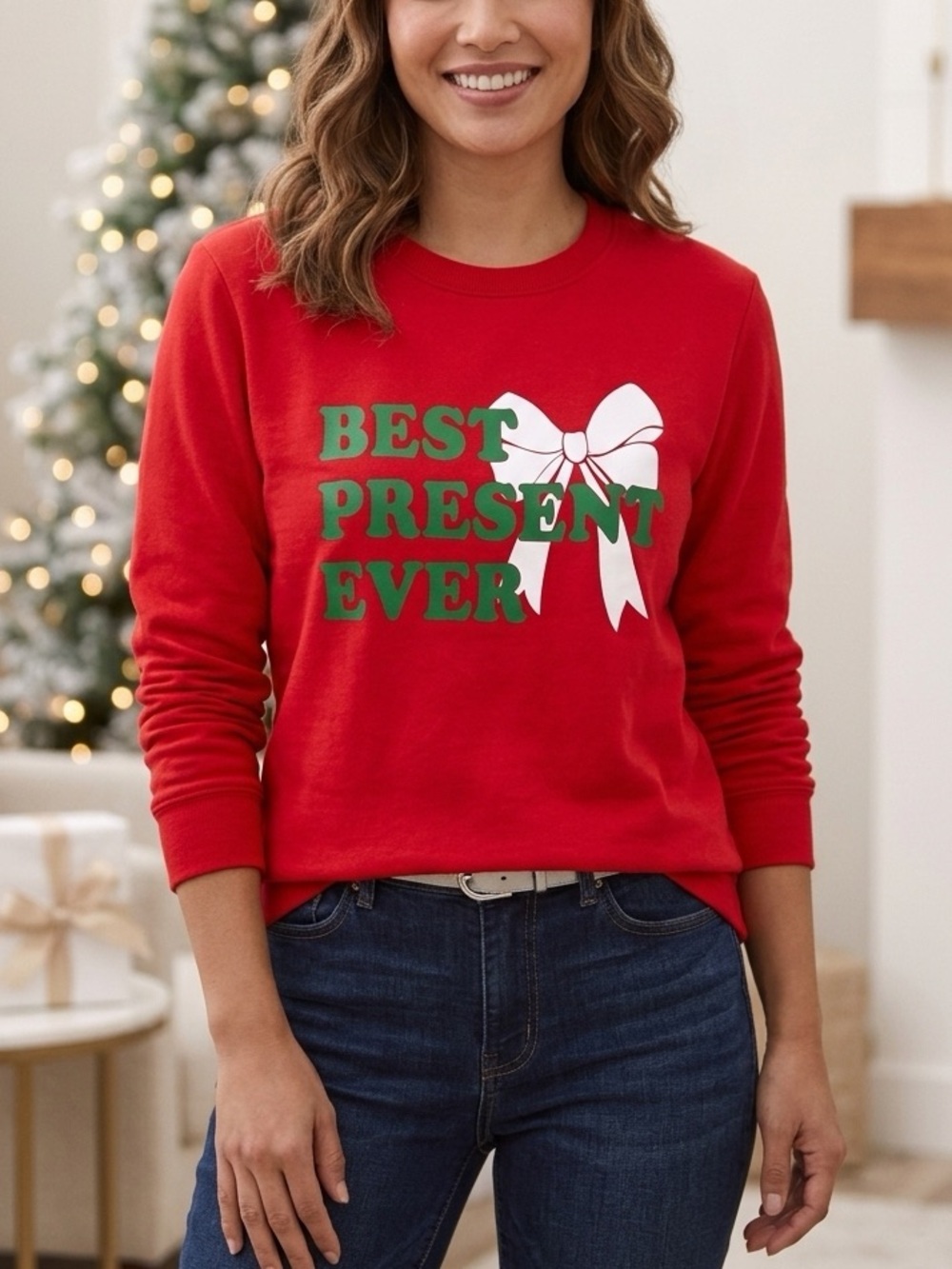 “Best Present Ever” Woman’s Red Holiday Sweater Size M/L NWT PTP 20-23‎